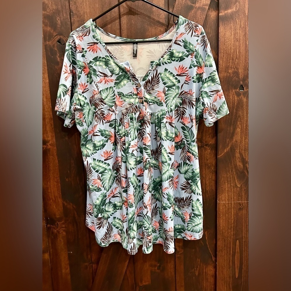 Allegrace Women's Plus Size Floral Blouses Henley V Neck Button Up Short Sleeve